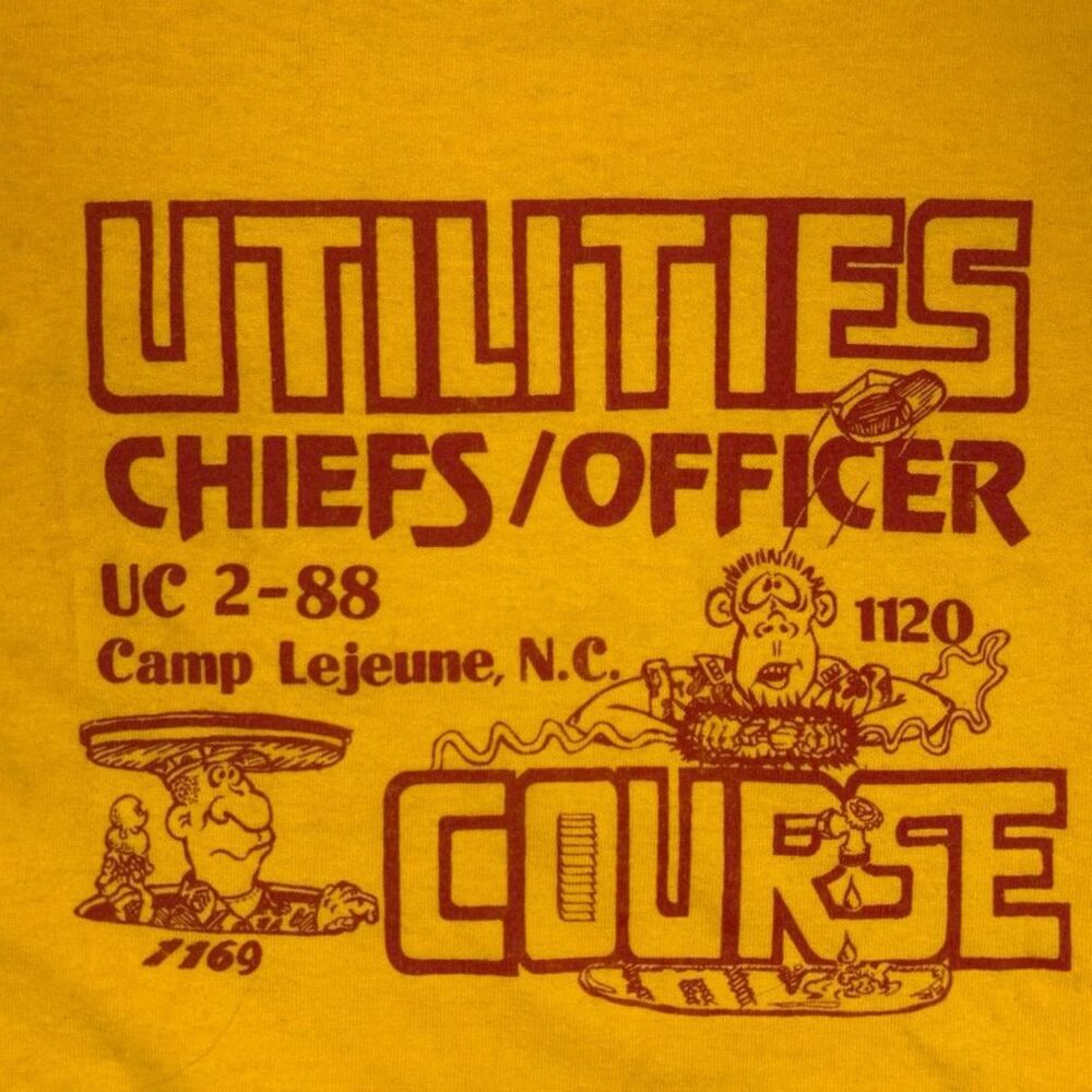 Vintage 1988 Camp Lejeune Tee L Russell USA Utilities Chief Single Stitch Yellow